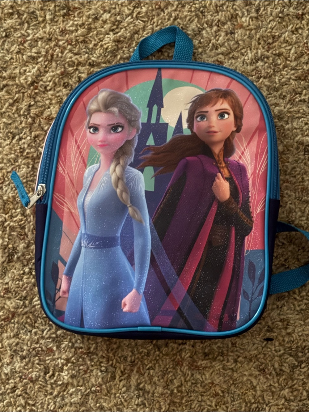 Kids Blue & Pink Frozen-Themed Backpack with Elsa and Anna Artwork